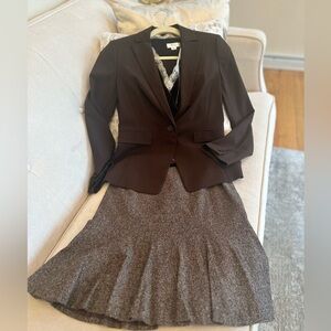 LOFT Dark Brown Blazer, Brown Tweed Skirt and Brown Velvet Top